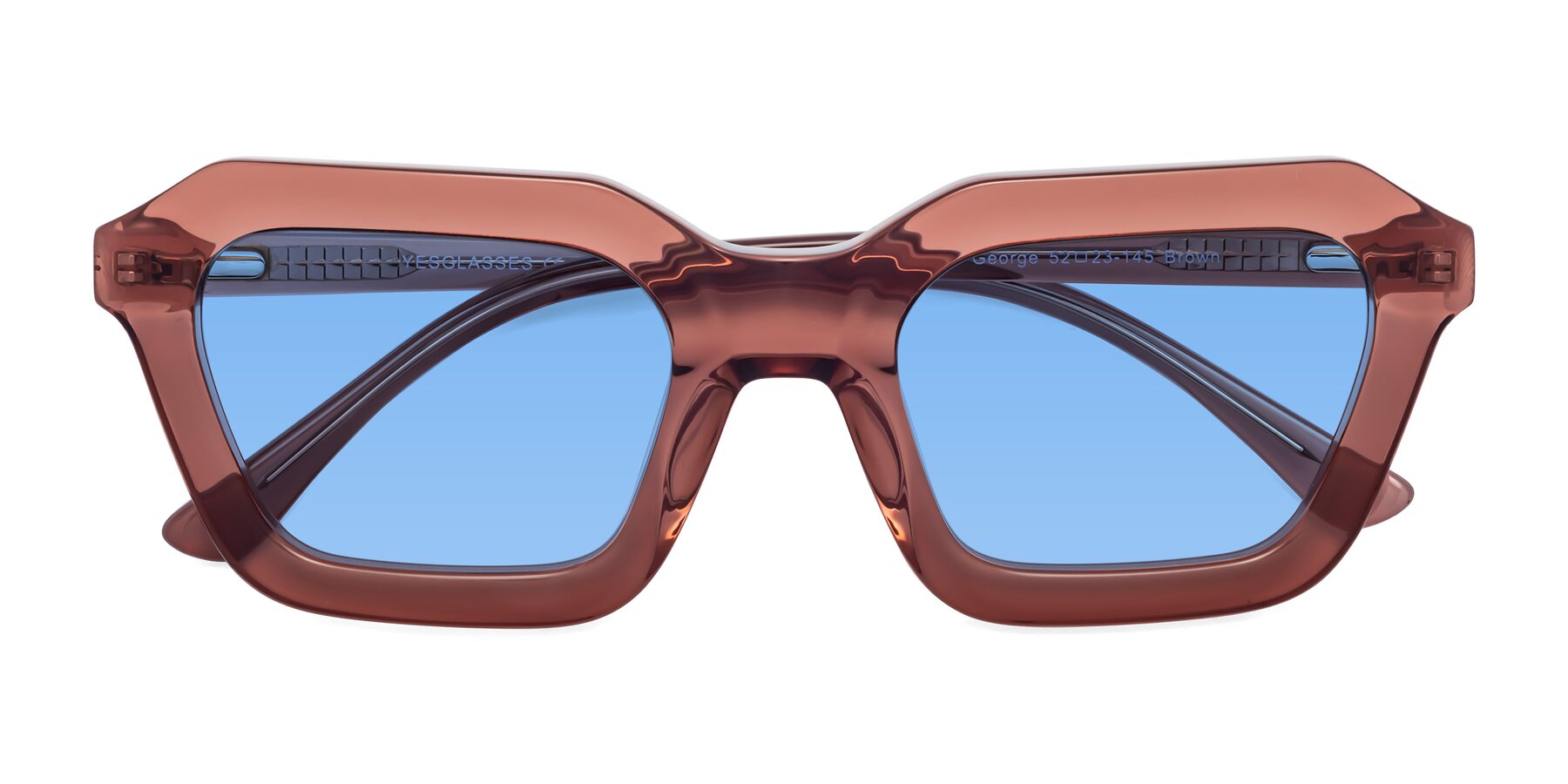 Folded Front of George in Brown with Medium Blue Tinted Lenses