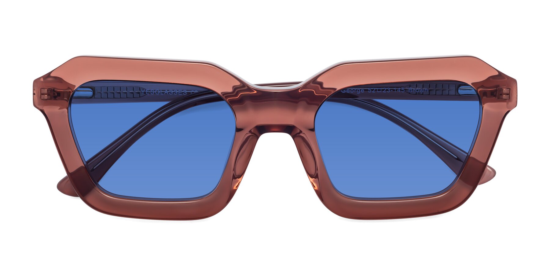 Folded Front of George in Brown with Blue Tinted Lenses
