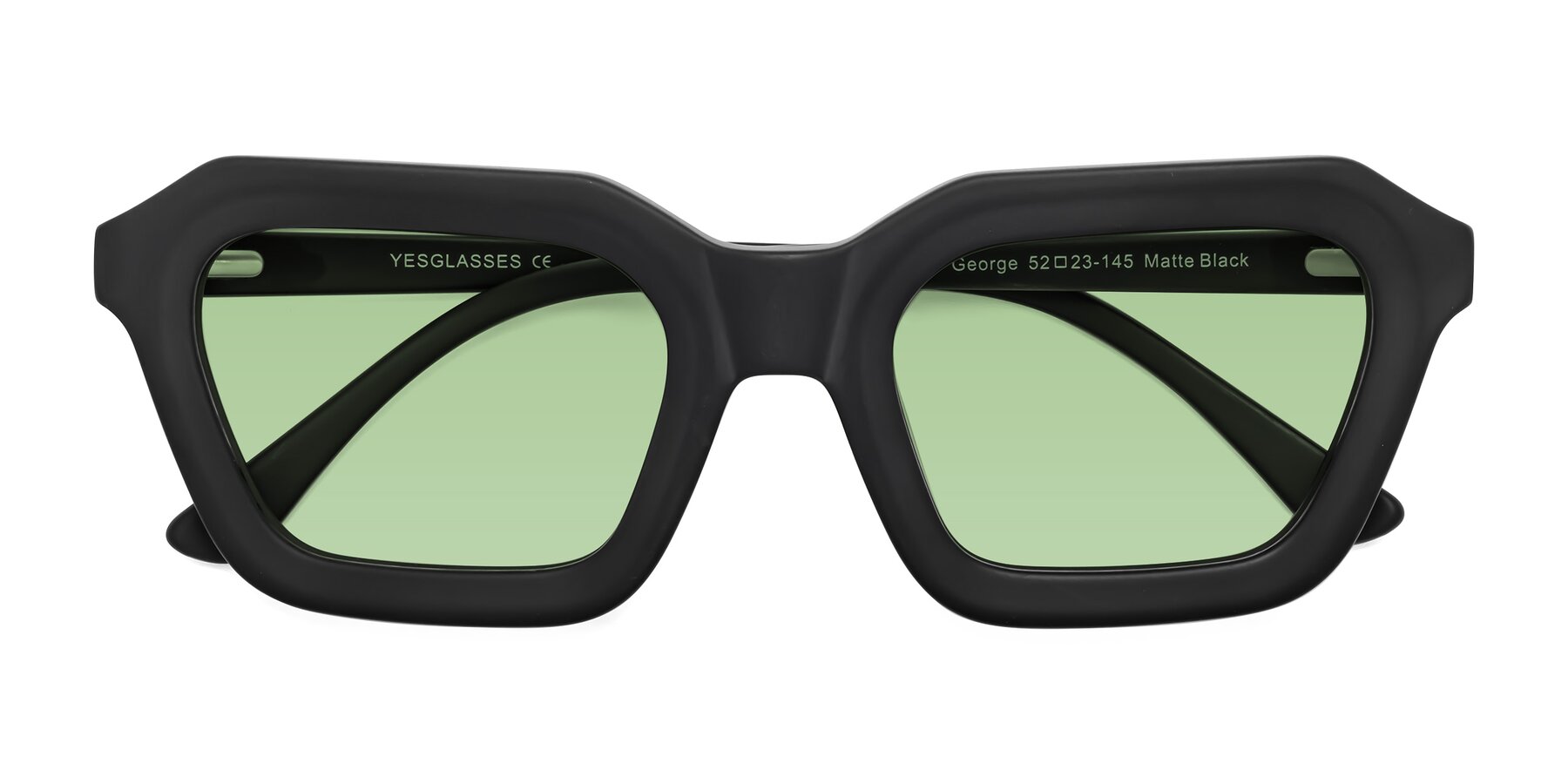 Folded Front of George in Matte Black with Medium Green Tinted Lenses