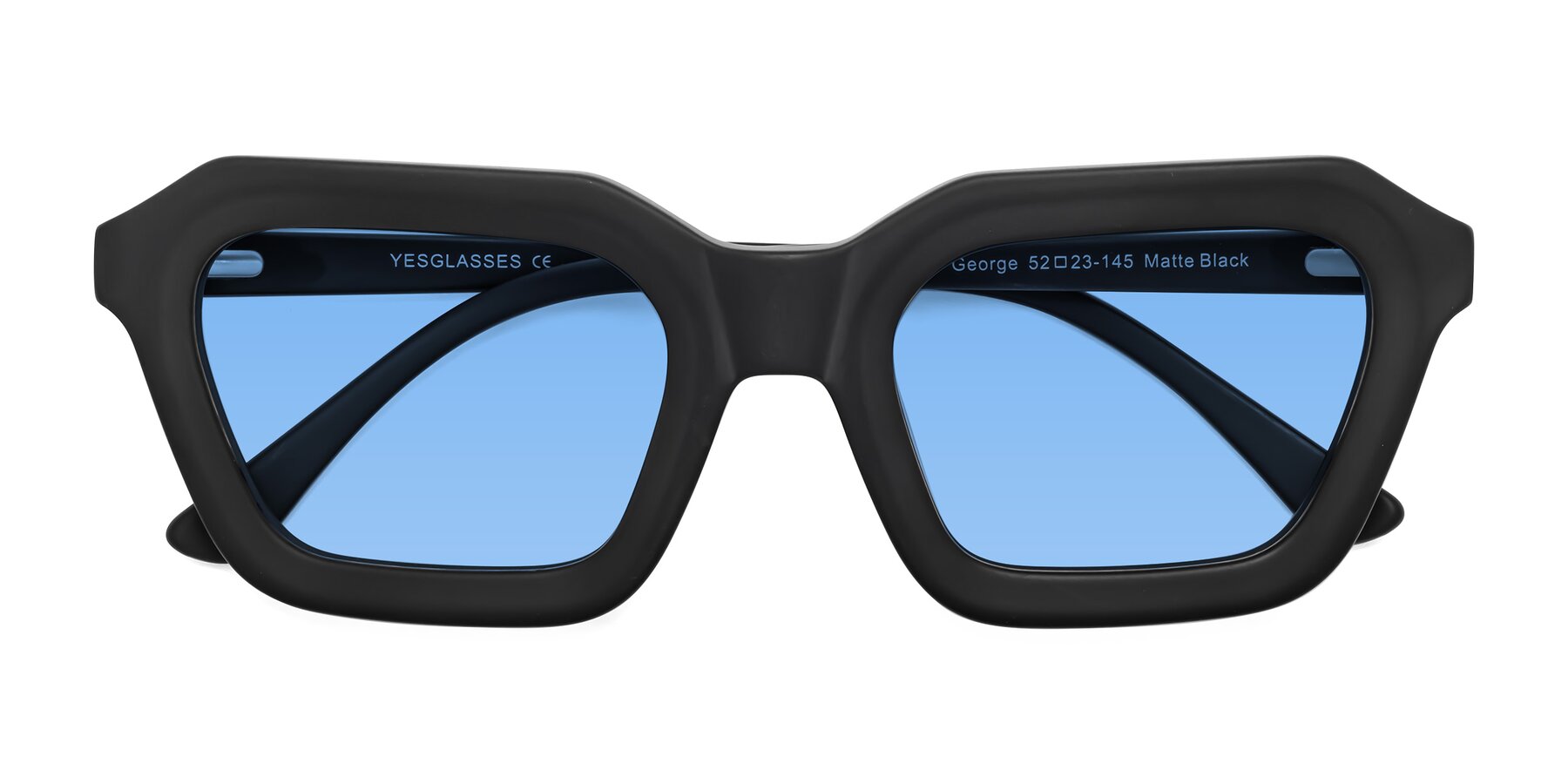 Folded Front of George in Matte Black with Medium Blue Tinted Lenses