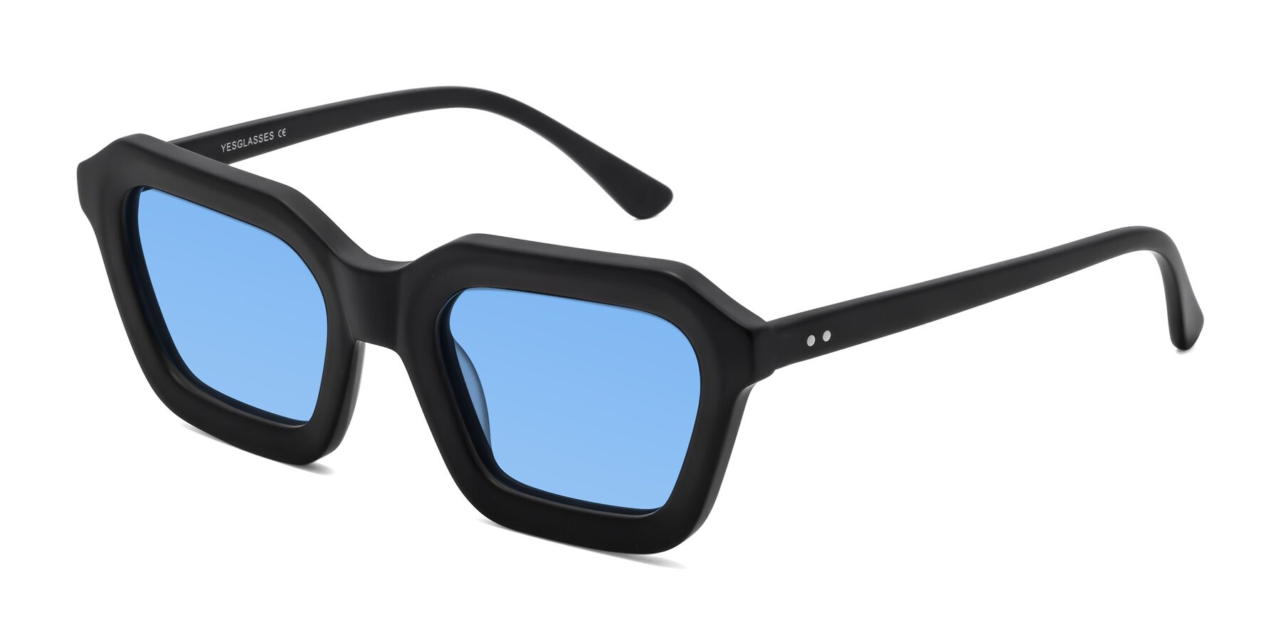Angle of George in Matte Black with Medium Blue Tinted Lenses