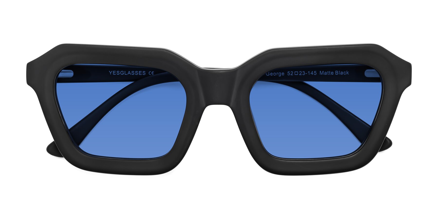 Folded Front of George in Matte Black with Blue Tinted Lenses