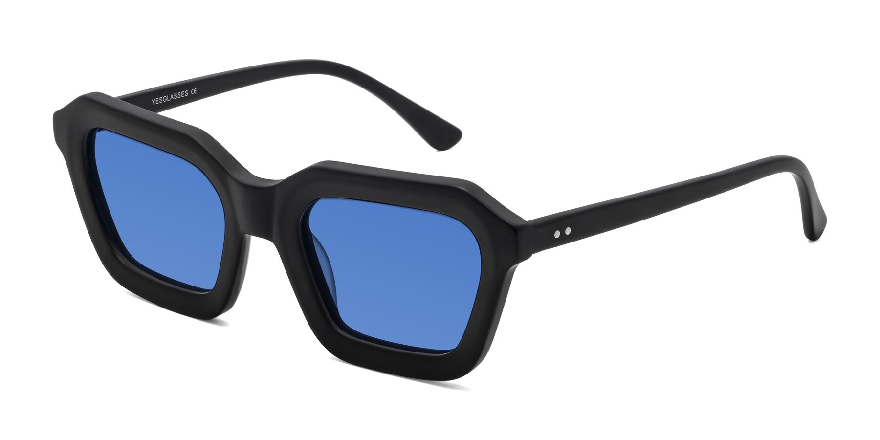 Angle of George in Matte Black with Blue Tinted Lenses