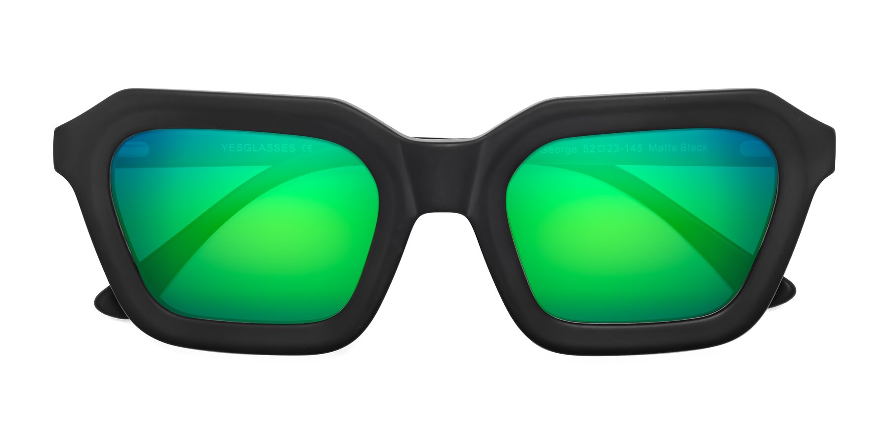 Folded Front of George in Matte Black with Green Mirrored Lenses