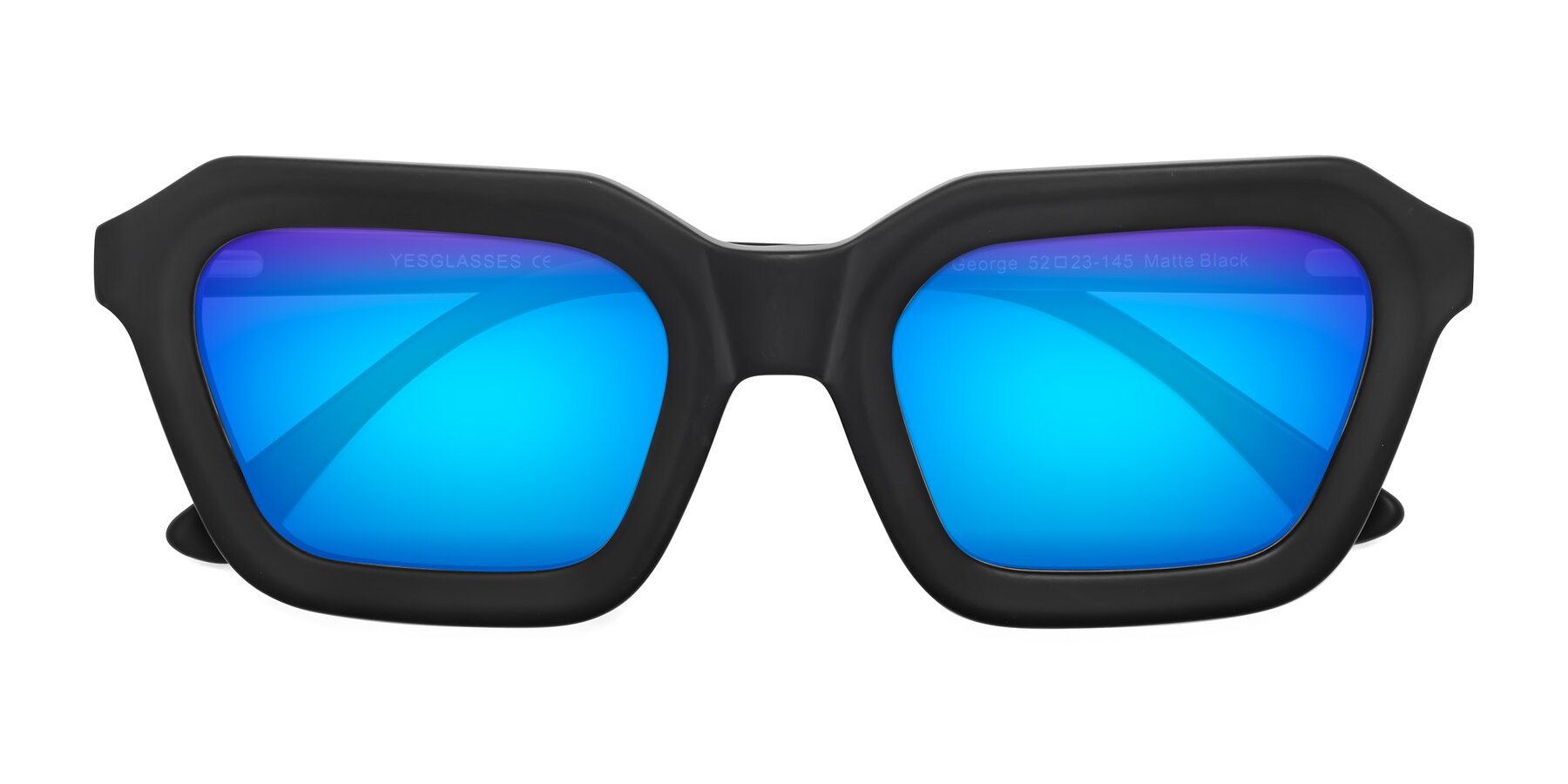 Folded Front of George in Matte Black with Blue Mirrored Lenses