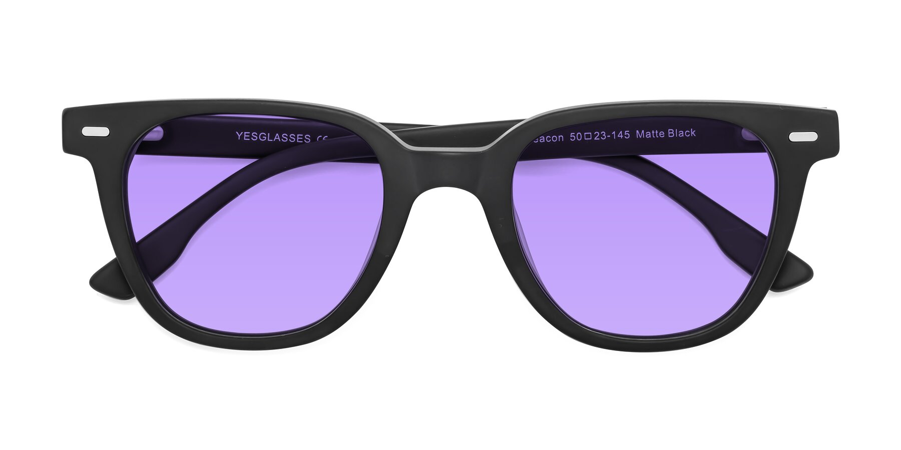 Folded Front of Beacon in Matte Black with Medium Purple Tinted Lenses