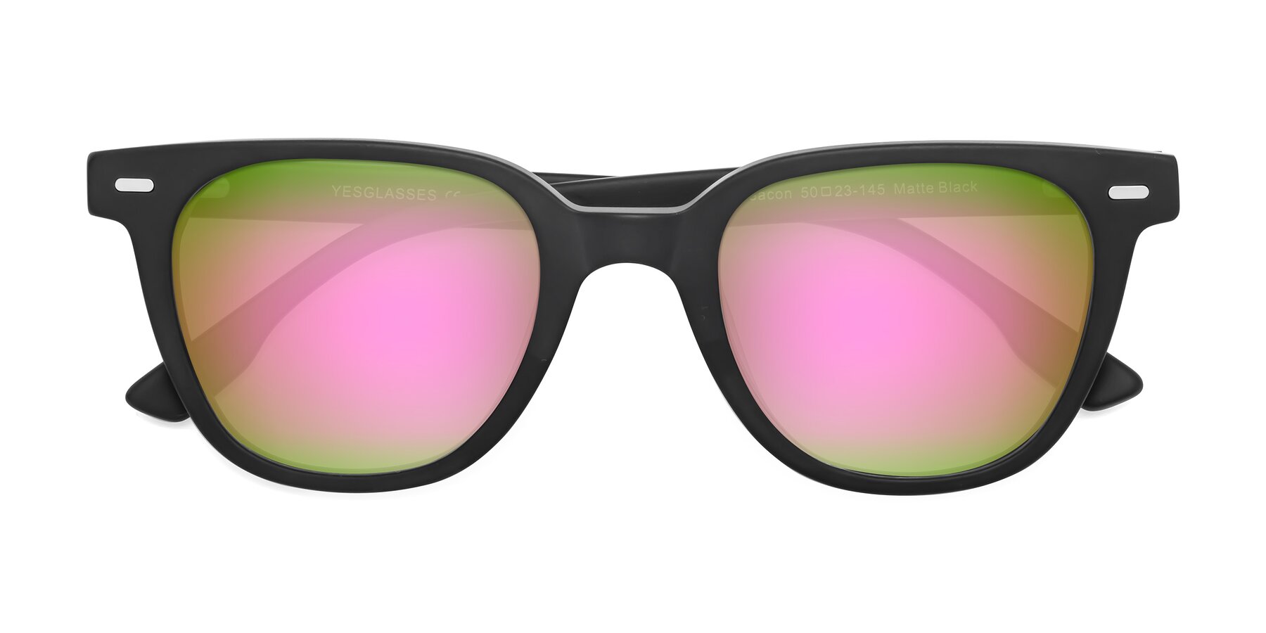 Folded Front of Beacon in Matte Black with Pink Mirrored Lenses