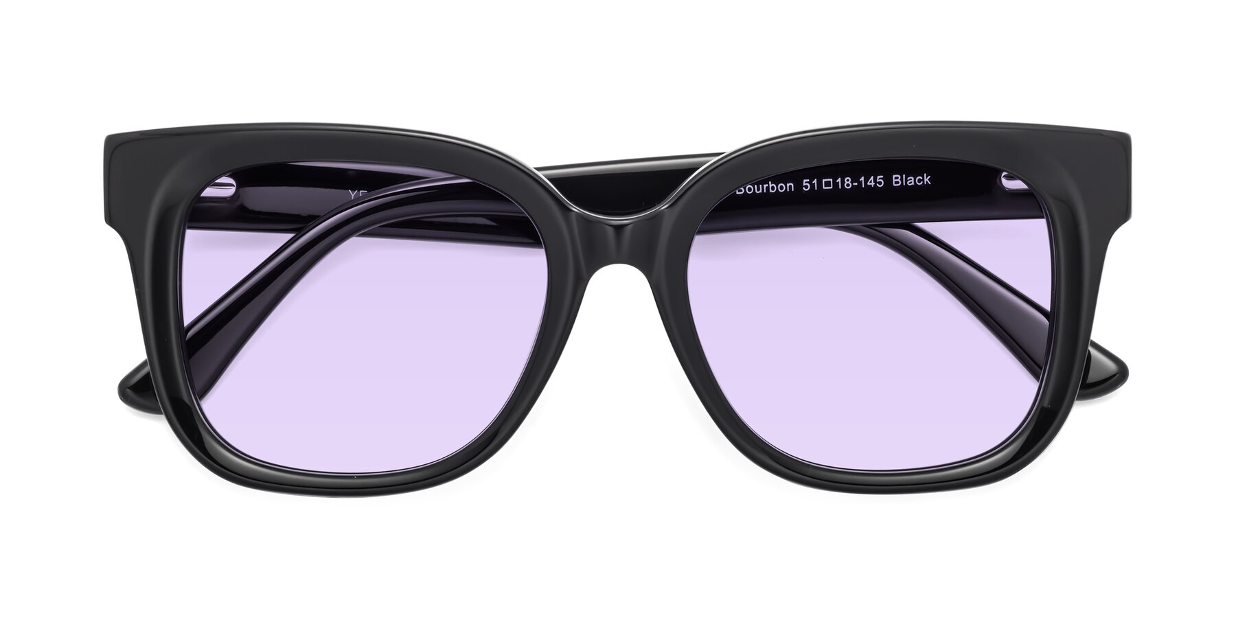 Folded Front of Bourbon in Black with Light Purple Tinted Lenses
