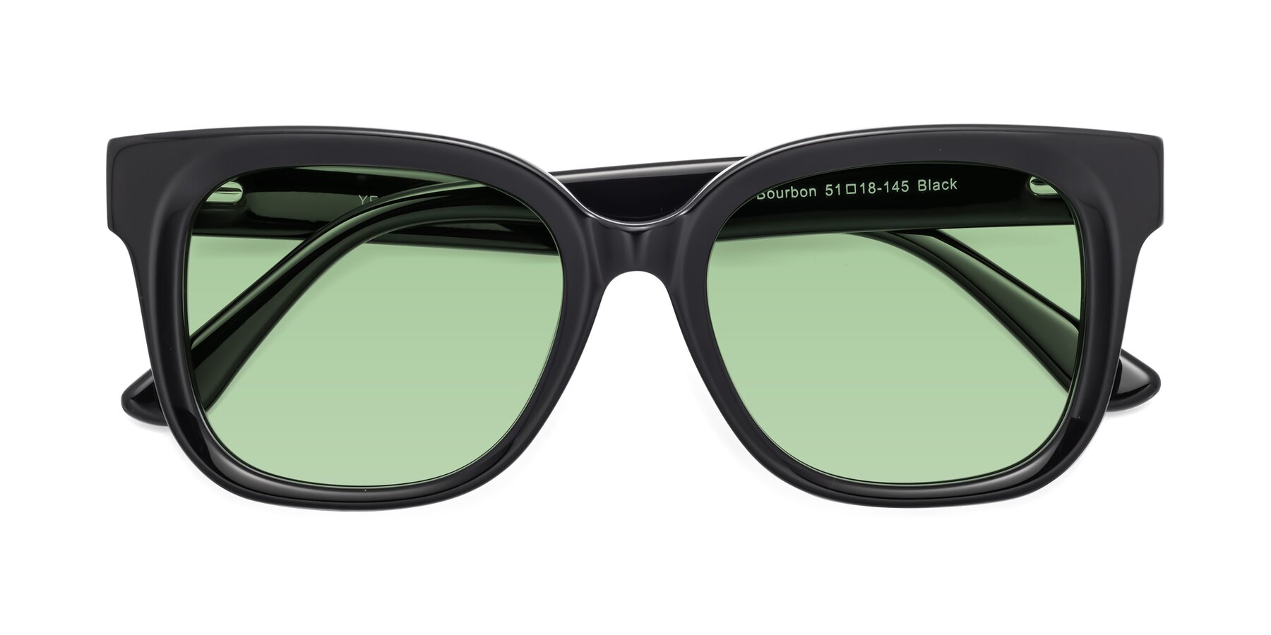 Folded Front of Bourbon in Black with Medium Green Tinted Lenses