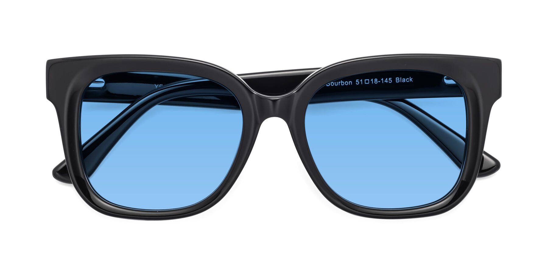 Folded Front of Bourbon in Black with Medium Blue Tinted Lenses