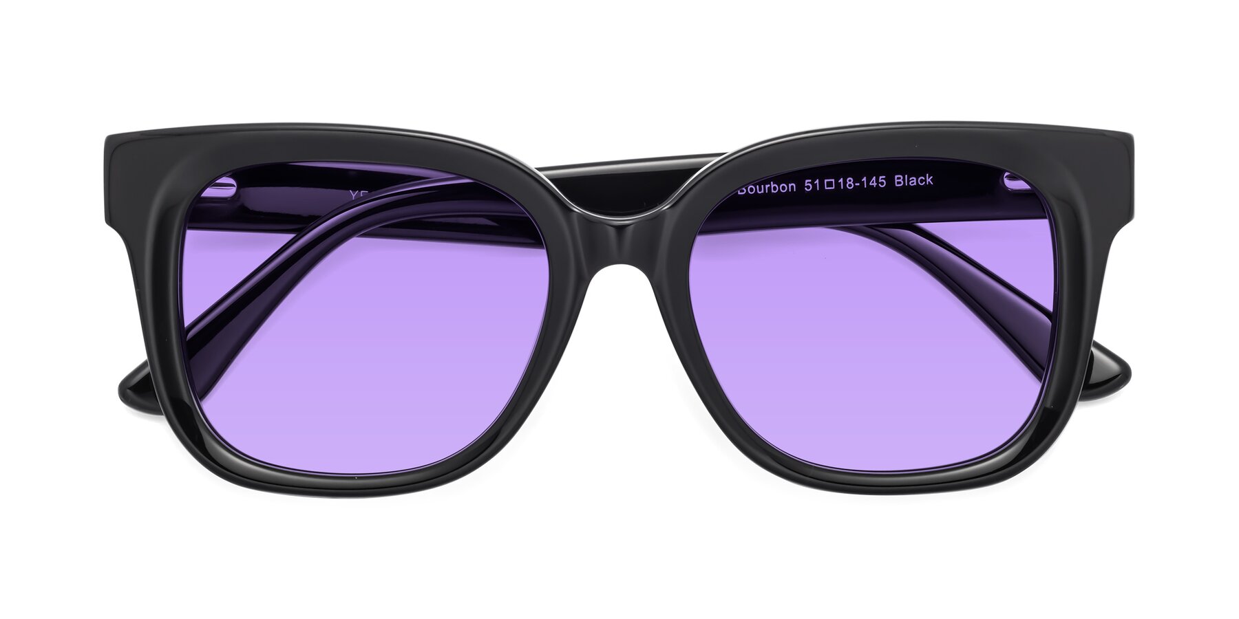 Folded Front of Bourbon in Black with Medium Purple Tinted Lenses