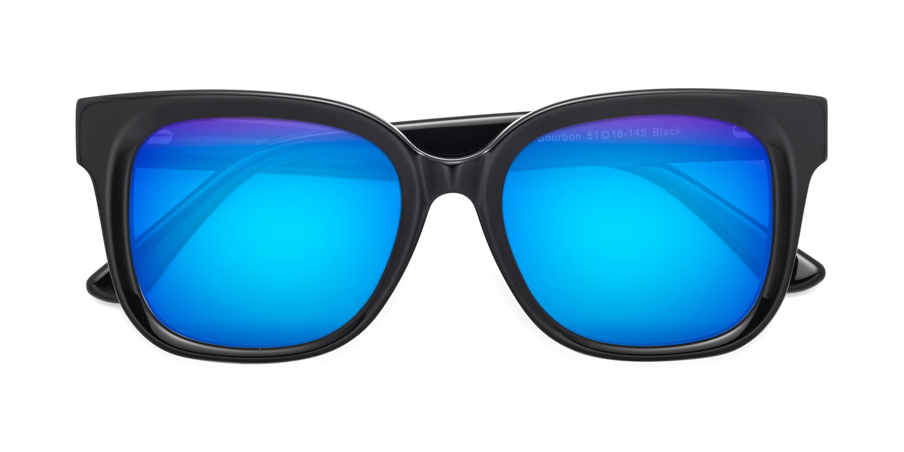 Folded Front of Bourbon in Black with Blue Mirrored Lenses