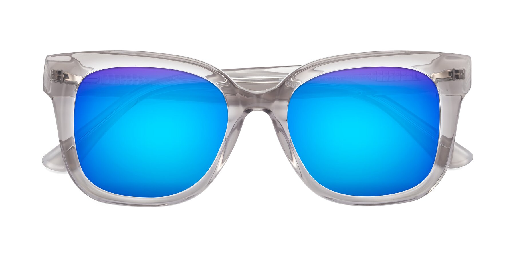 Folded Front of Bourbon in Transparent Gray with Blue Mirrored Lenses