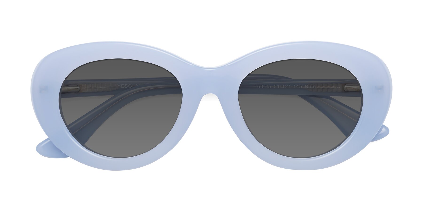 Folded Front of Taffeta in Blue with Medium Gray Tinted Lenses