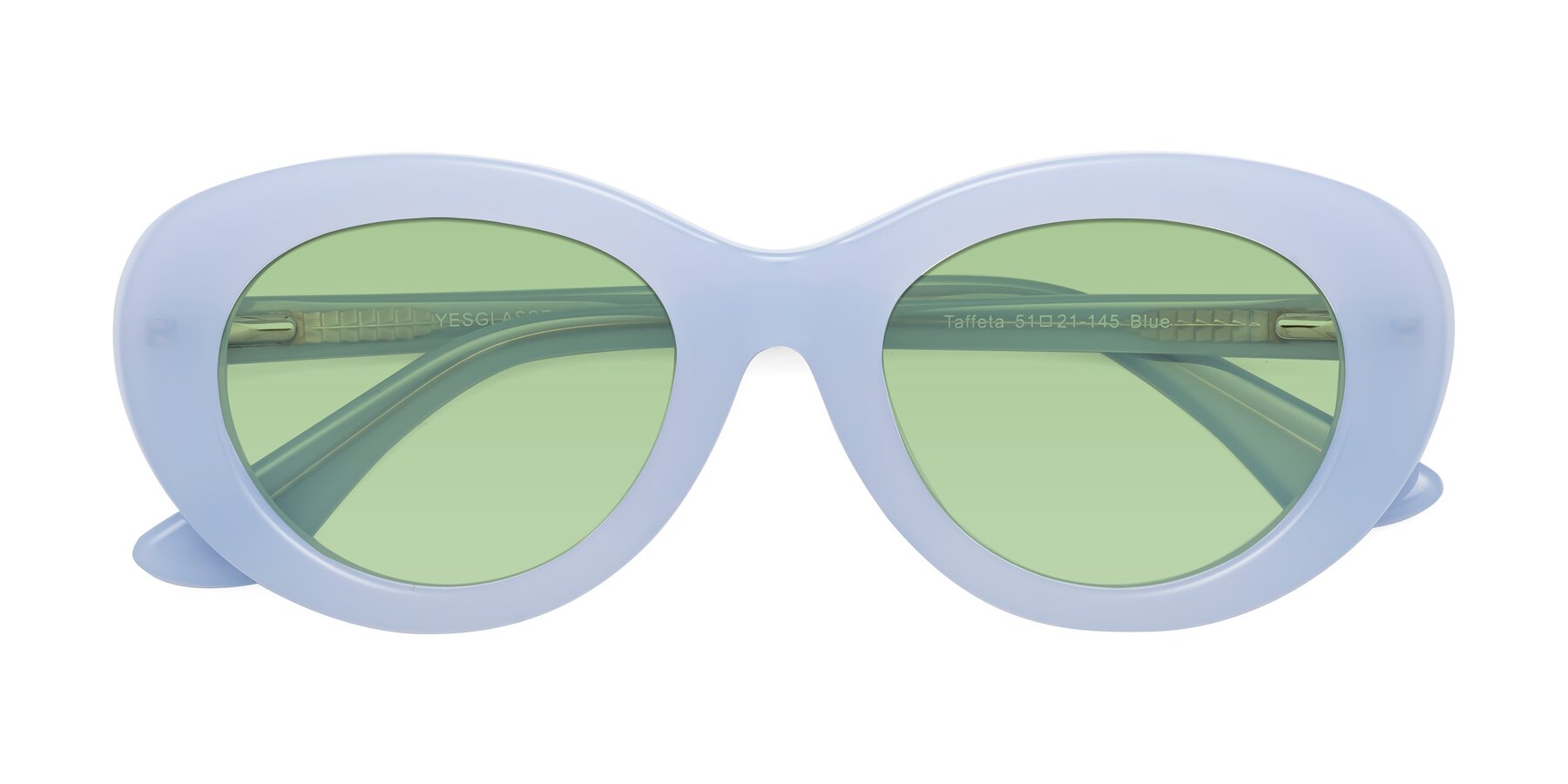 Folded Front of Taffeta in Blue with Medium Green Tinted Lenses