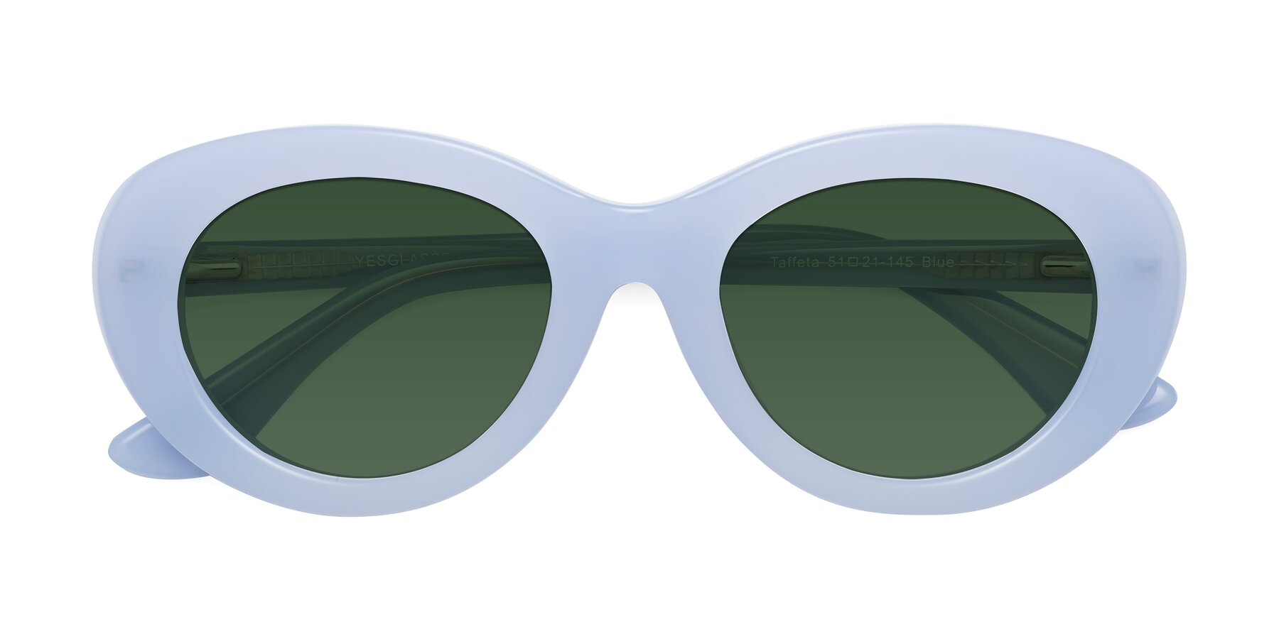 Folded Front of Taffeta in Blue with Green Tinted Lenses
