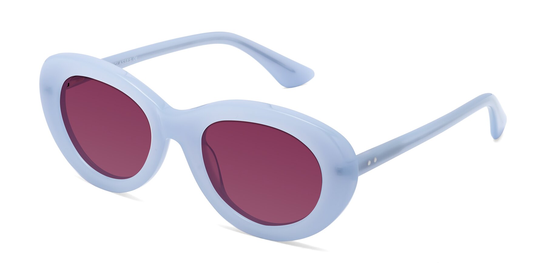 Angle of Taffeta in Blue with Wine Tinted Lenses