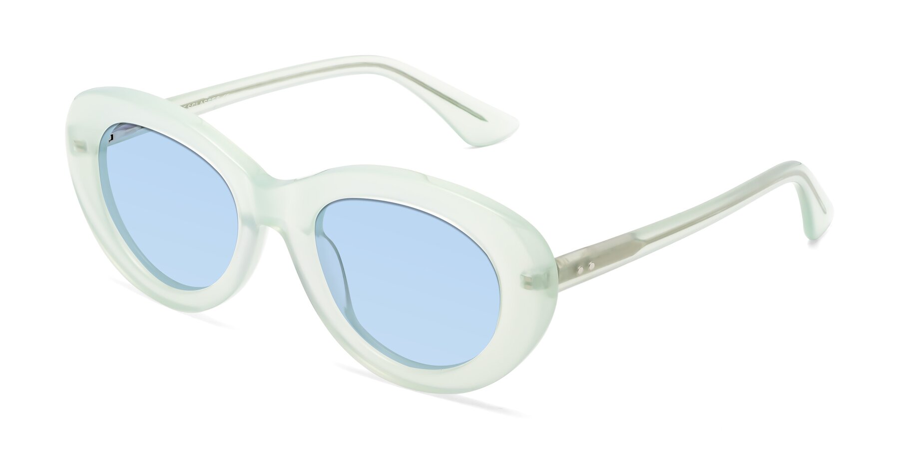 Angle of Taffeta in Light Green with Light Blue Tinted Lenses