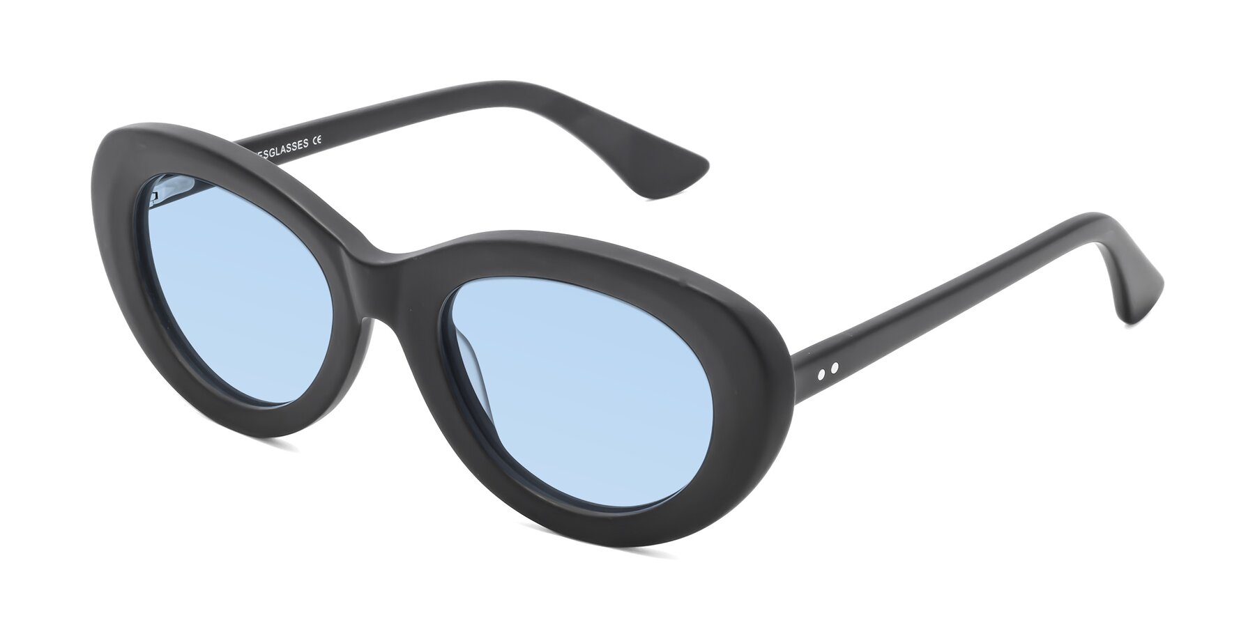 Angle of Taffeta in Matte Black with Light Blue Tinted Lenses