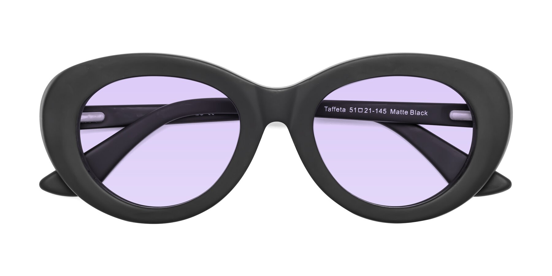 Folded Front of Taffeta in Matte Black with Light Purple Tinted Lenses