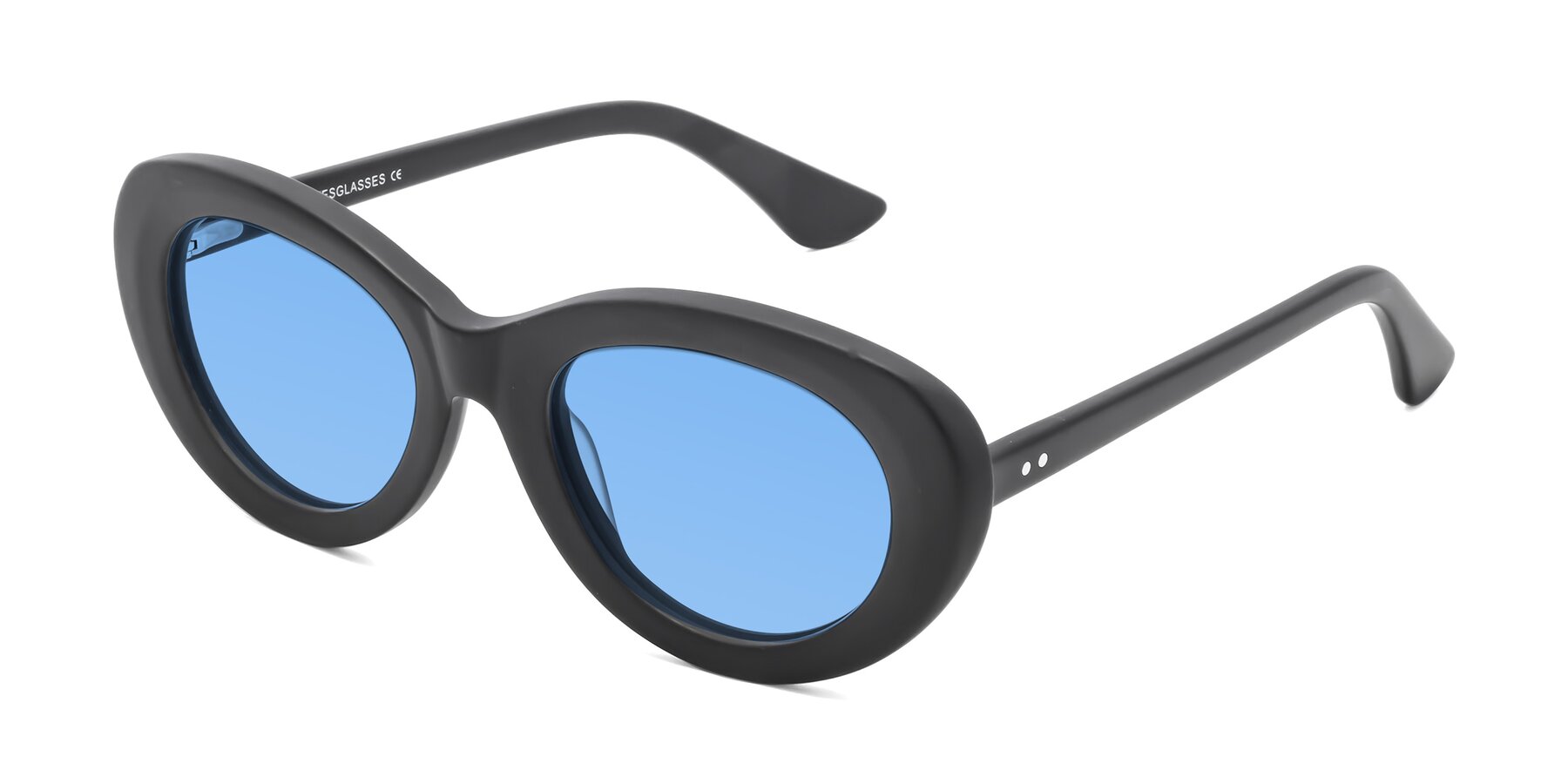 Angle of Taffeta in Matte Black with Medium Blue Tinted Lenses
