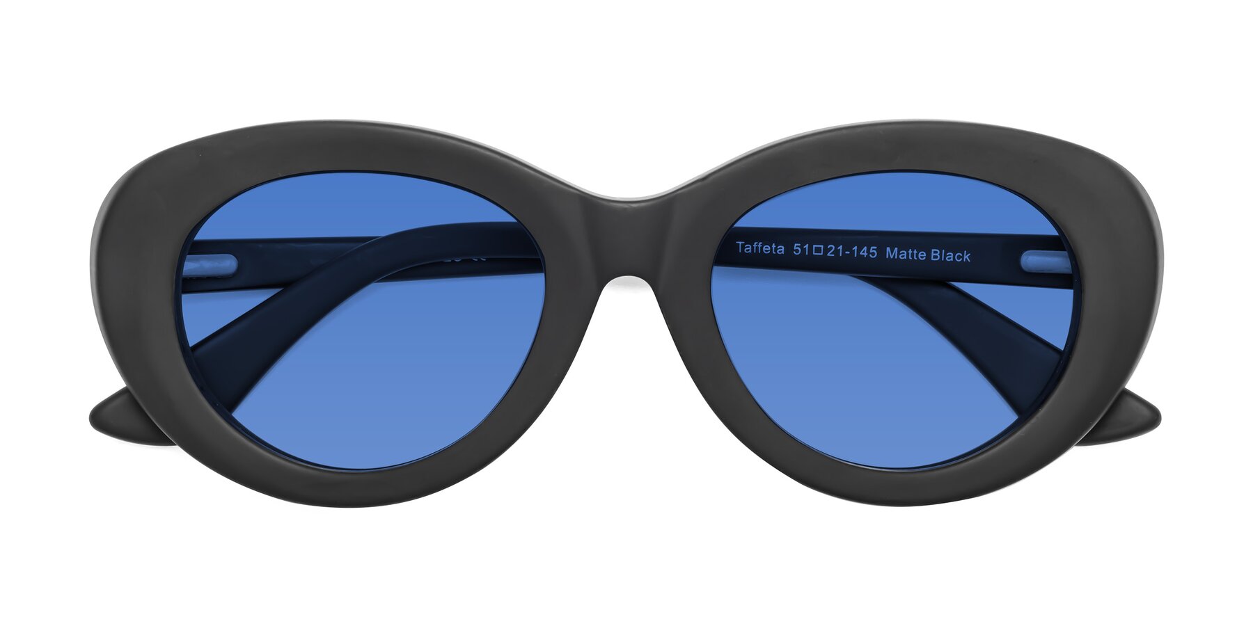 Folded Front of Taffeta in Matte Black with Blue Tinted Lenses