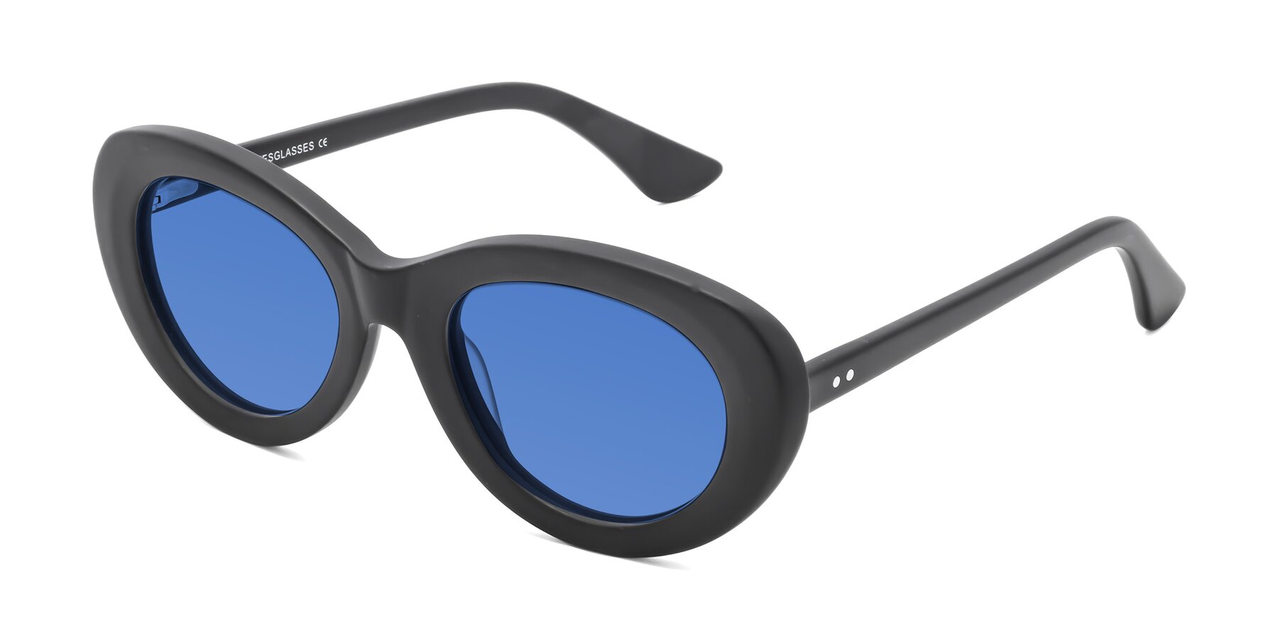 Angle of Taffeta in Matte Black with Blue Tinted Lenses