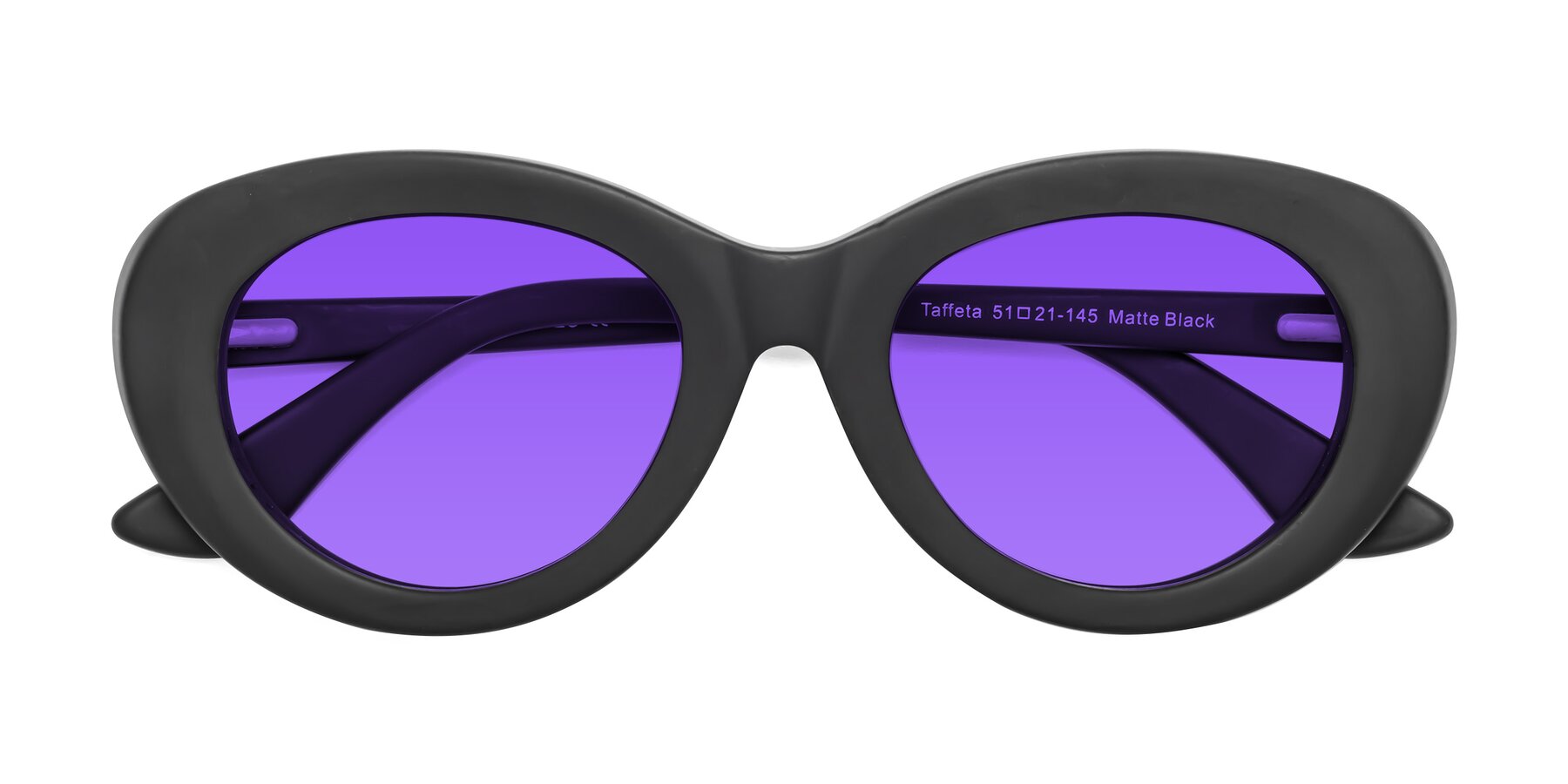 Folded Front of Taffeta in Matte Black with Purple Tinted Lenses