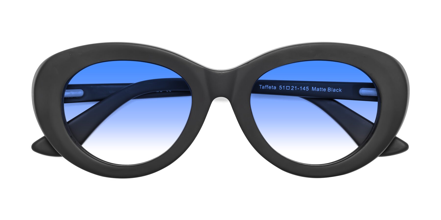 Folded Front of Taffeta in Matte Black with Blue Gradient Lenses