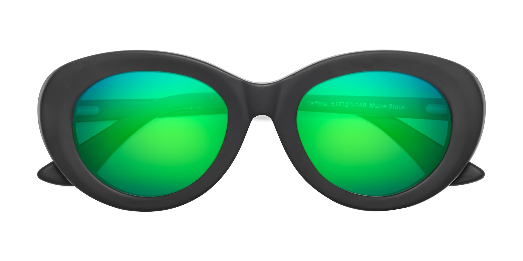 Folded Front of Taffeta in Matte Black with Green Mirrored Lenses