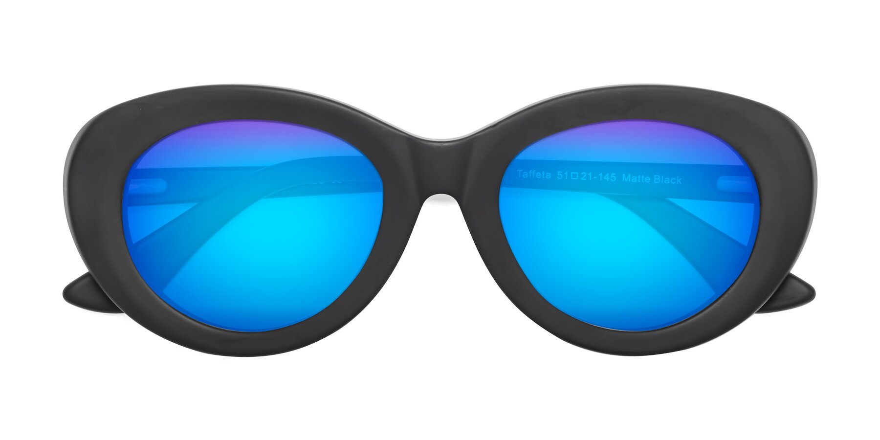 Folded Front of Taffeta in Matte Black with Blue Mirrored Lenses