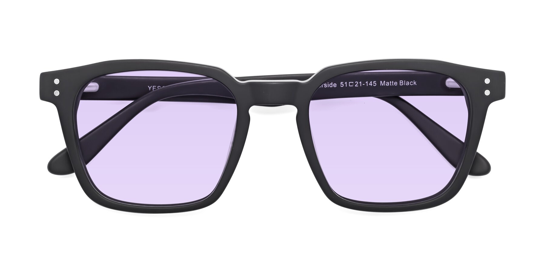 Folded Front of Riverside in Matte Black with Light Purple Tinted Lenses