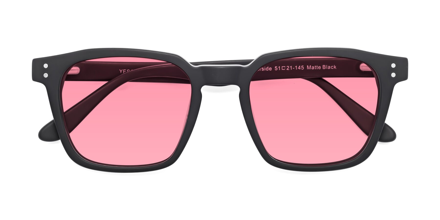 Folded Front of Riverside in Matte Black with Pink Tinted Lenses