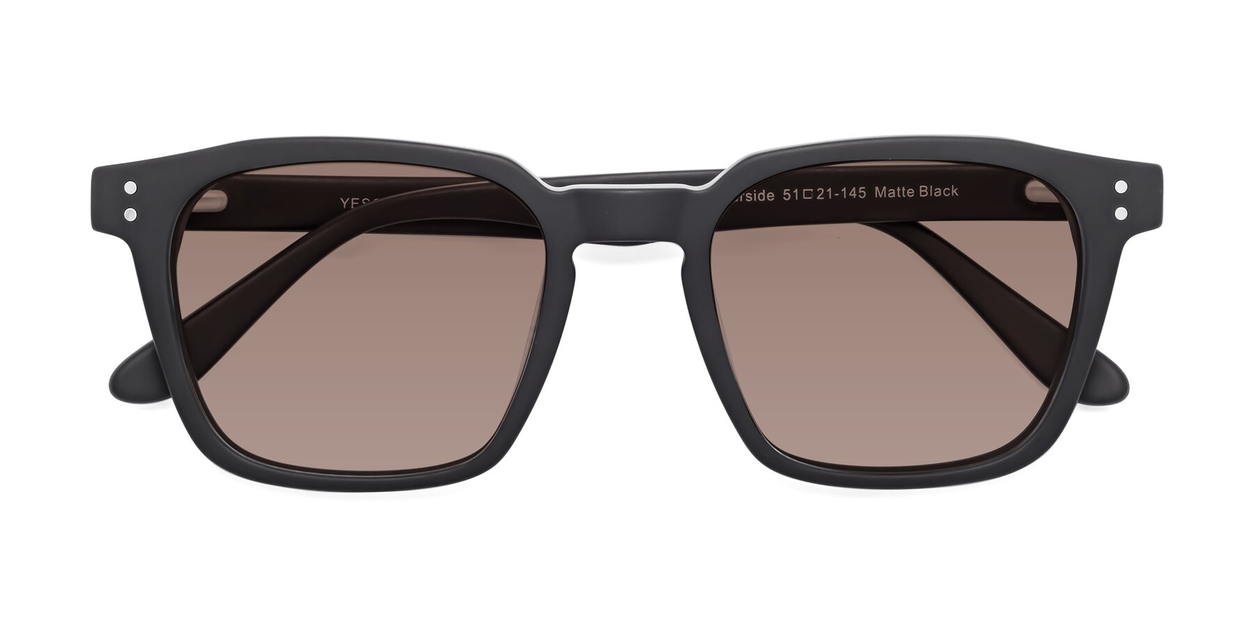 Folded Front of Riverside in Matte Black with Medium Brown Tinted Lenses