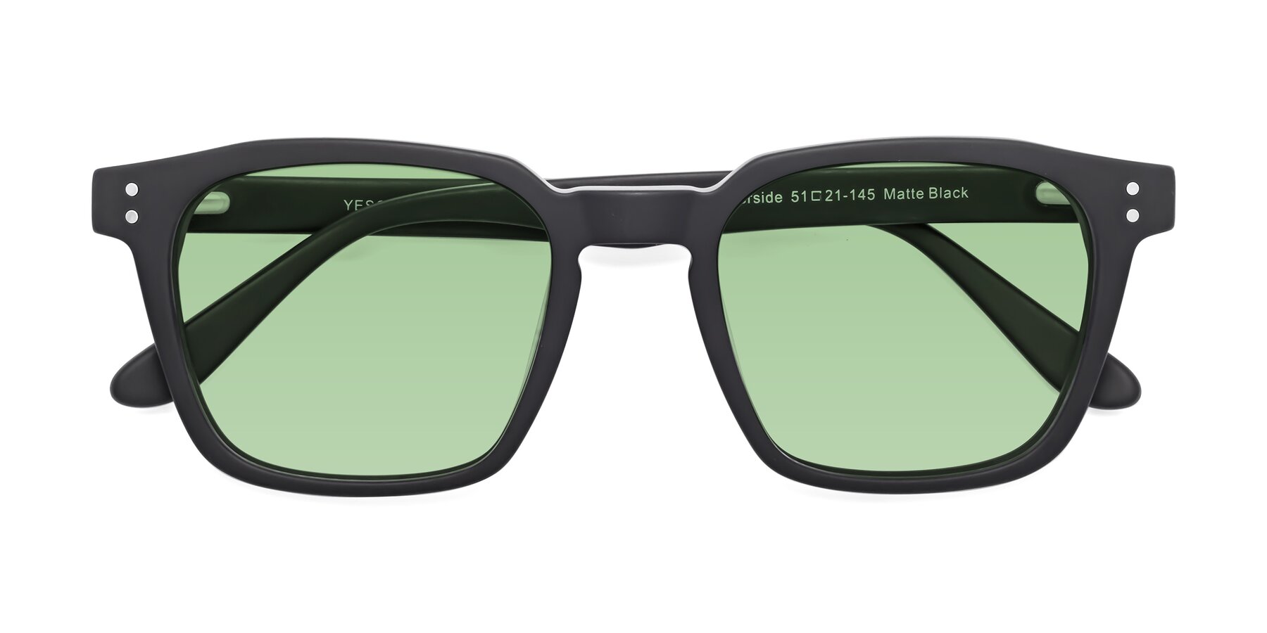 Folded Front of Riverside in Matte Black with Medium Green Tinted Lenses