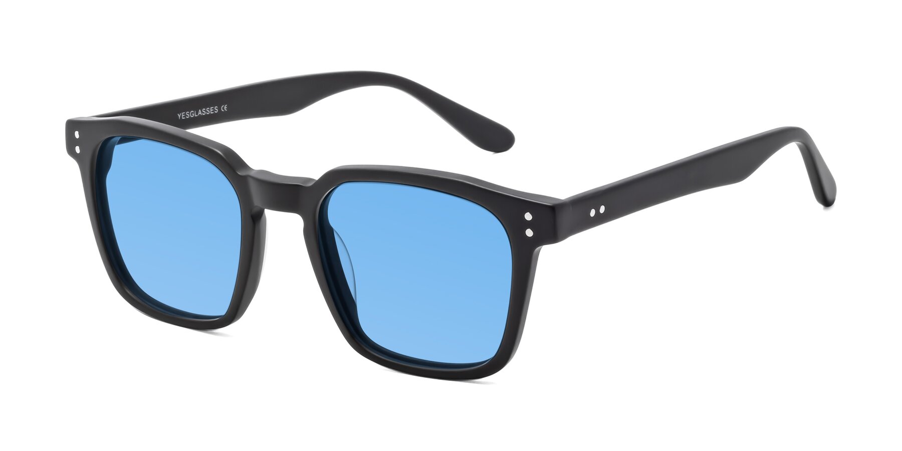 Angle of Riverside in Matte Black with Medium Blue Tinted Lenses