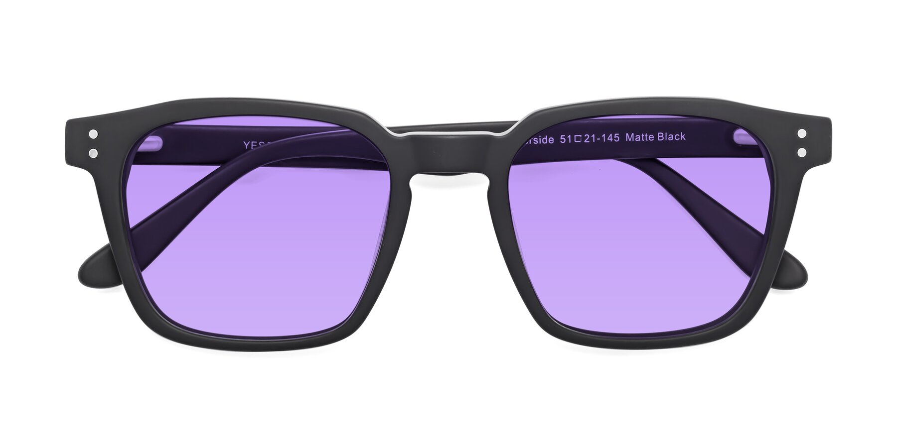 Folded Front of Riverside in Matte Black with Medium Purple Tinted Lenses