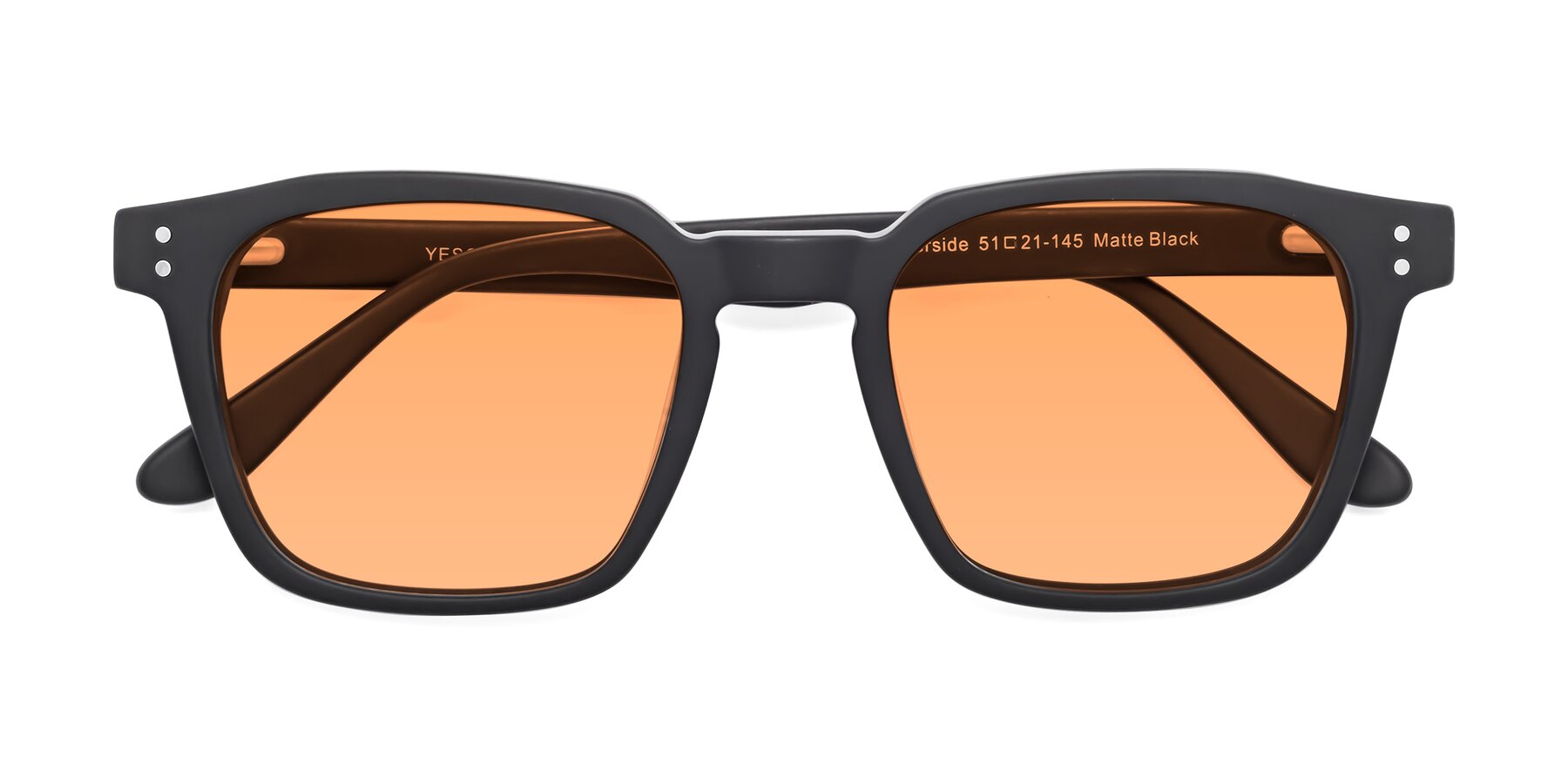Folded Front of Riverside in Matte Black with Medium Orange Tinted Lenses