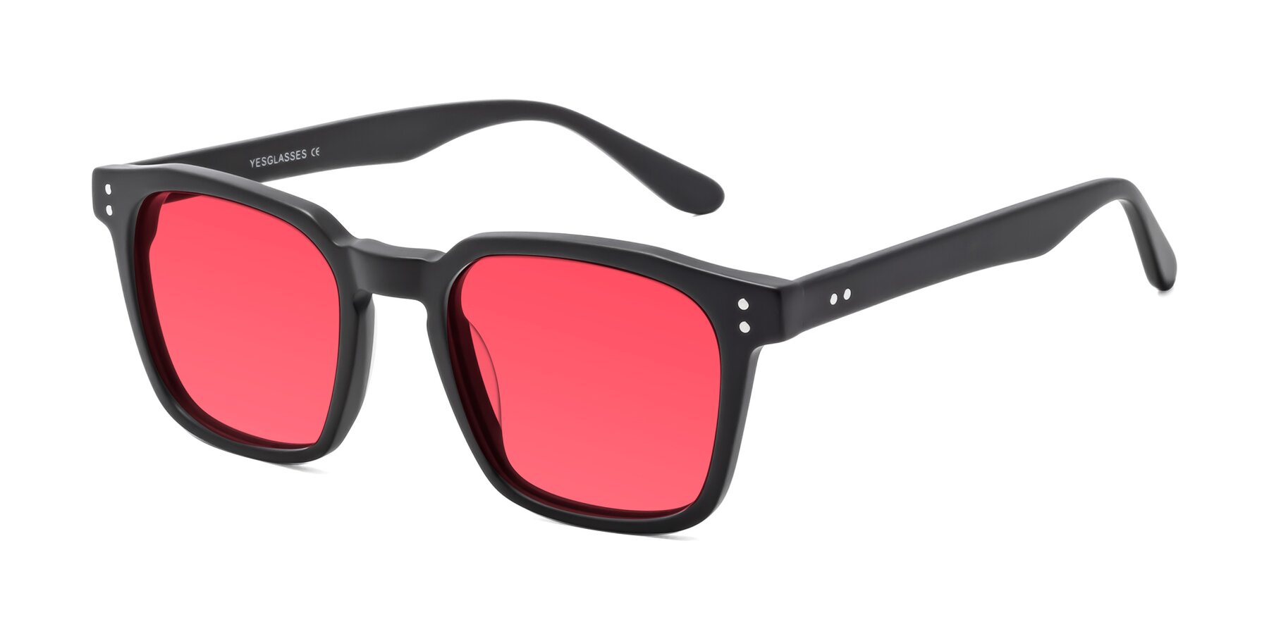 Angle of Riverside in Matte Black with Red Tinted Lenses