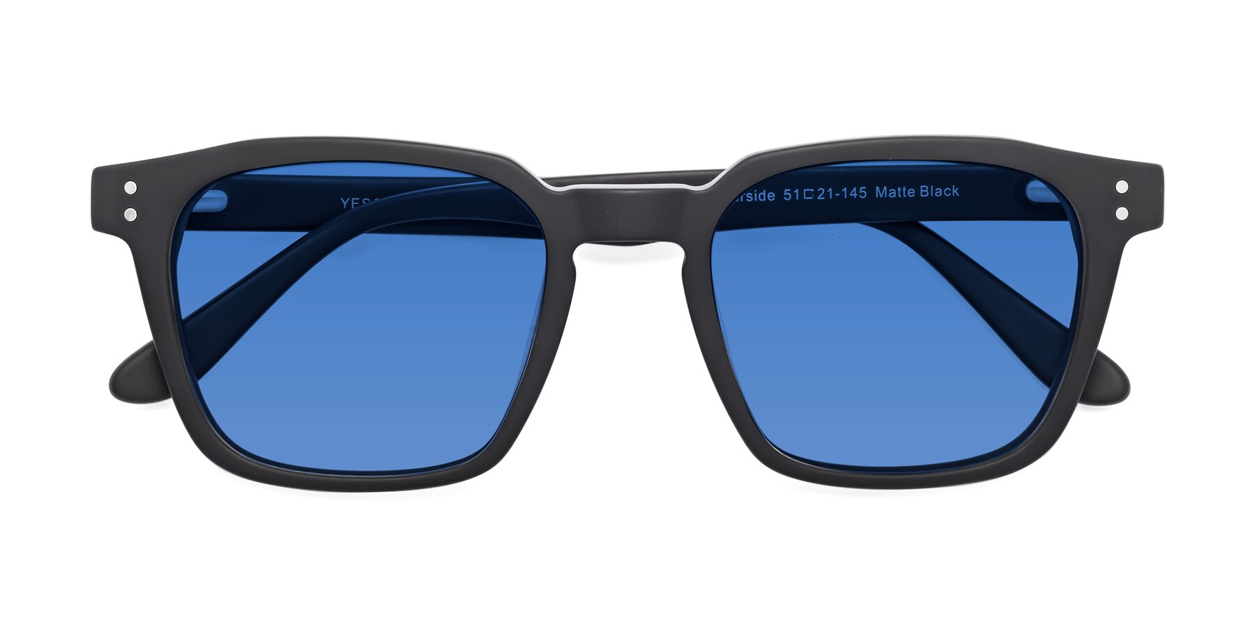 Folded Front of Riverside in Matte Black with Blue Tinted Lenses