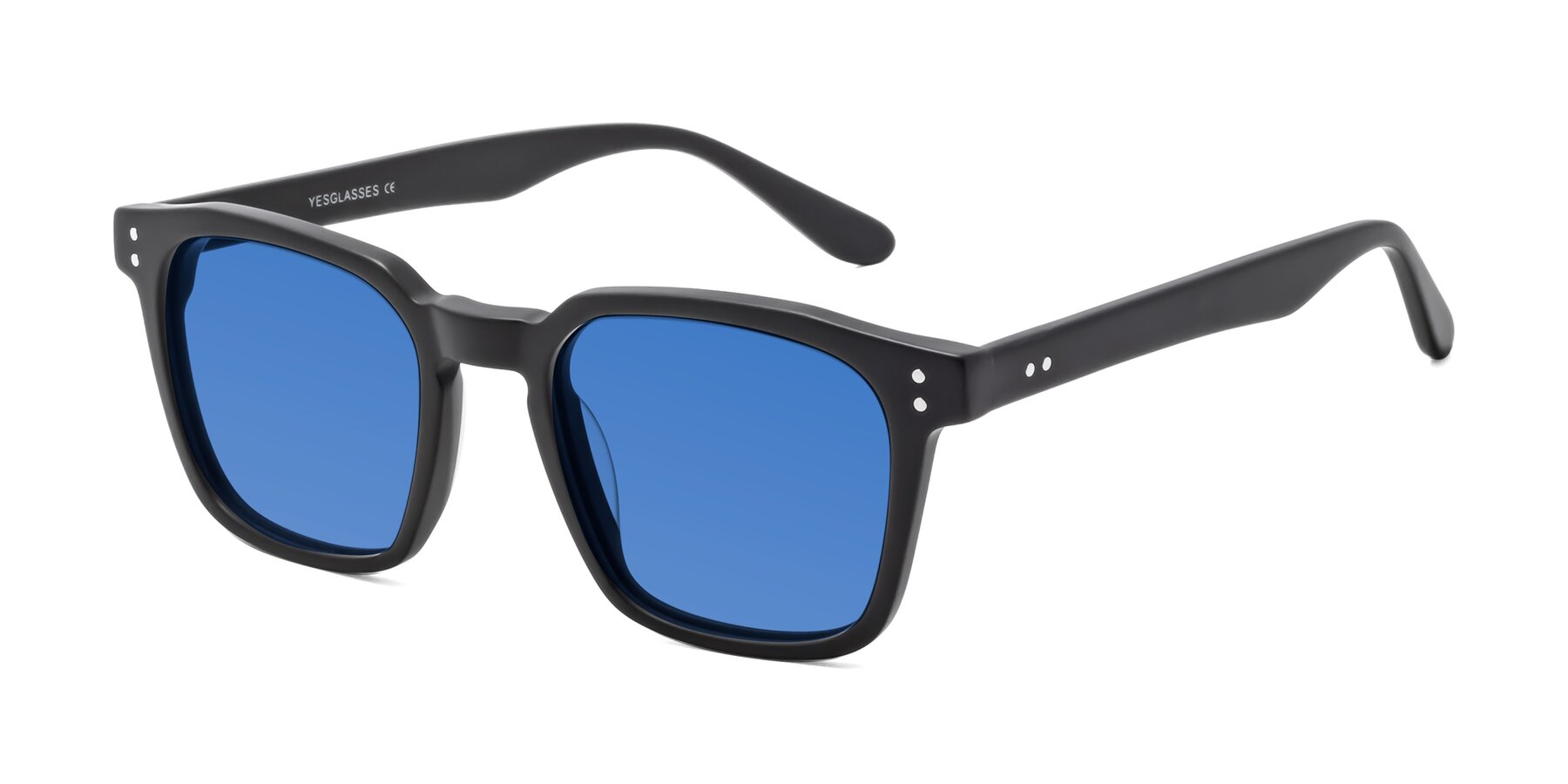 Angle of Riverside in Matte Black with Blue Tinted Lenses