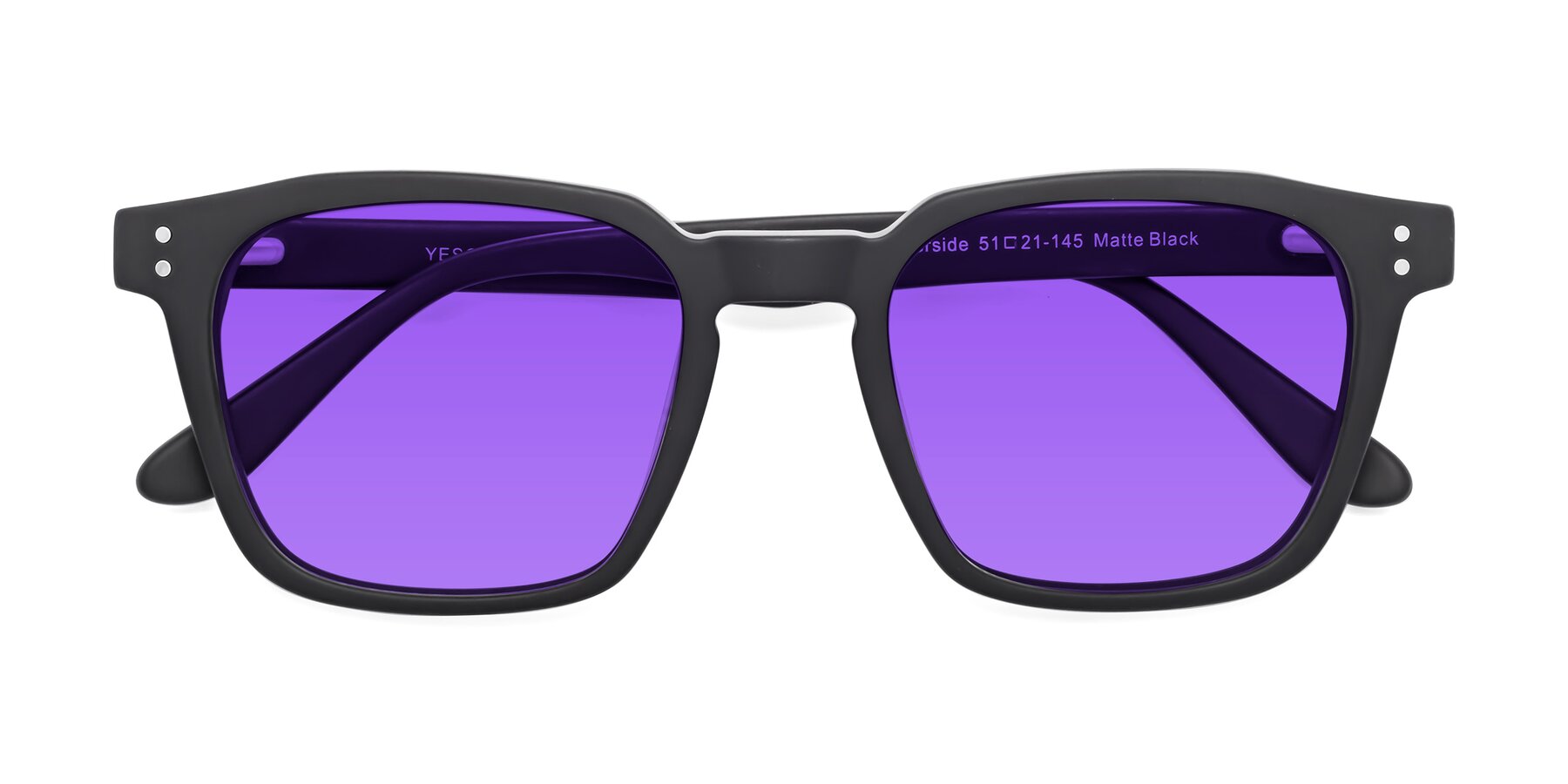 Folded Front of Riverside in Matte Black with Purple Tinted Lenses