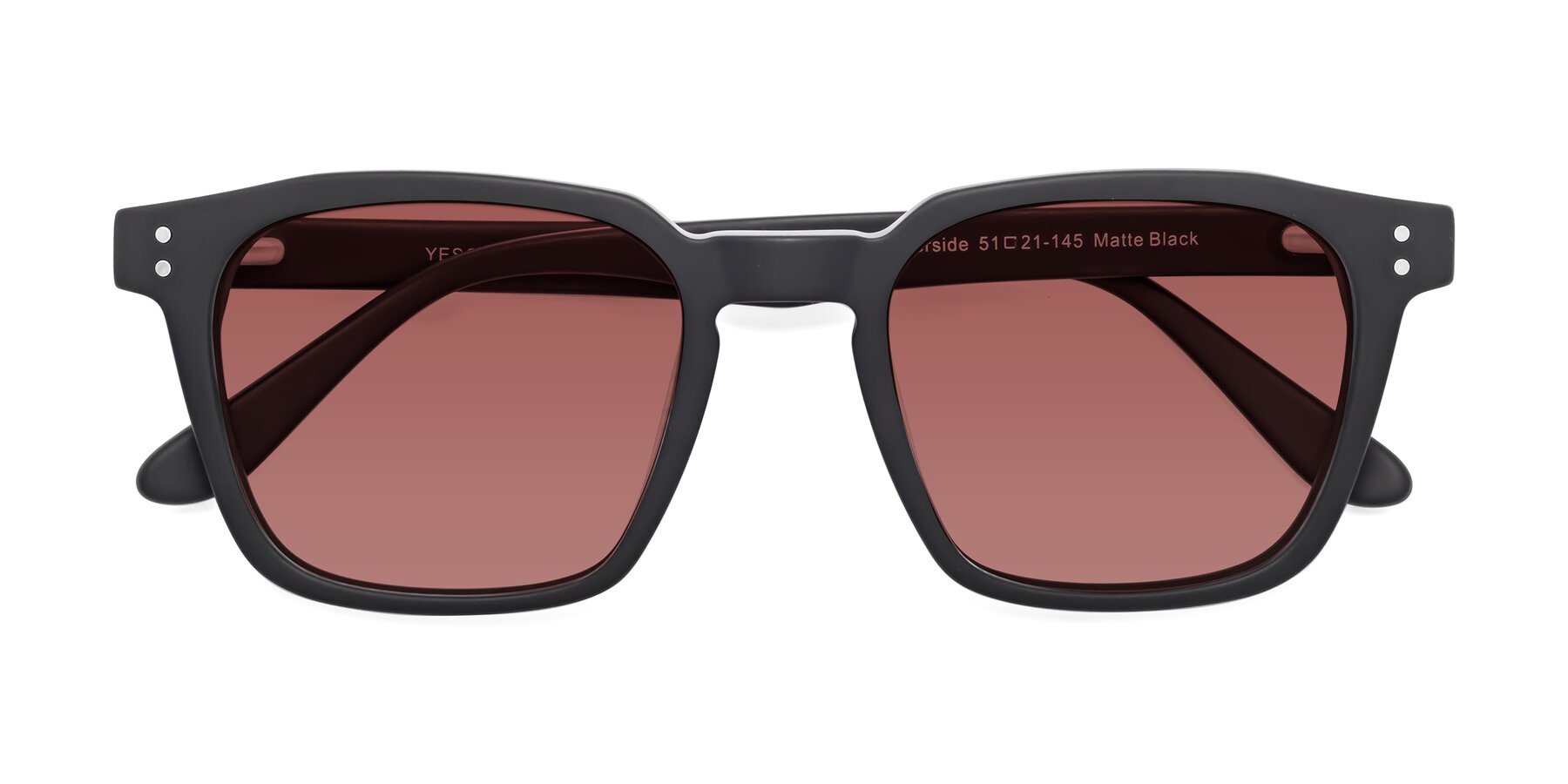 Folded Front of Riverside in Matte Black with Garnet Tinted Lenses