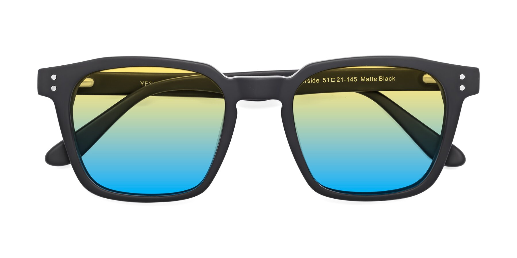 Folded Front of Riverside in Matte Black with Yellow / Blue Gradient Lenses