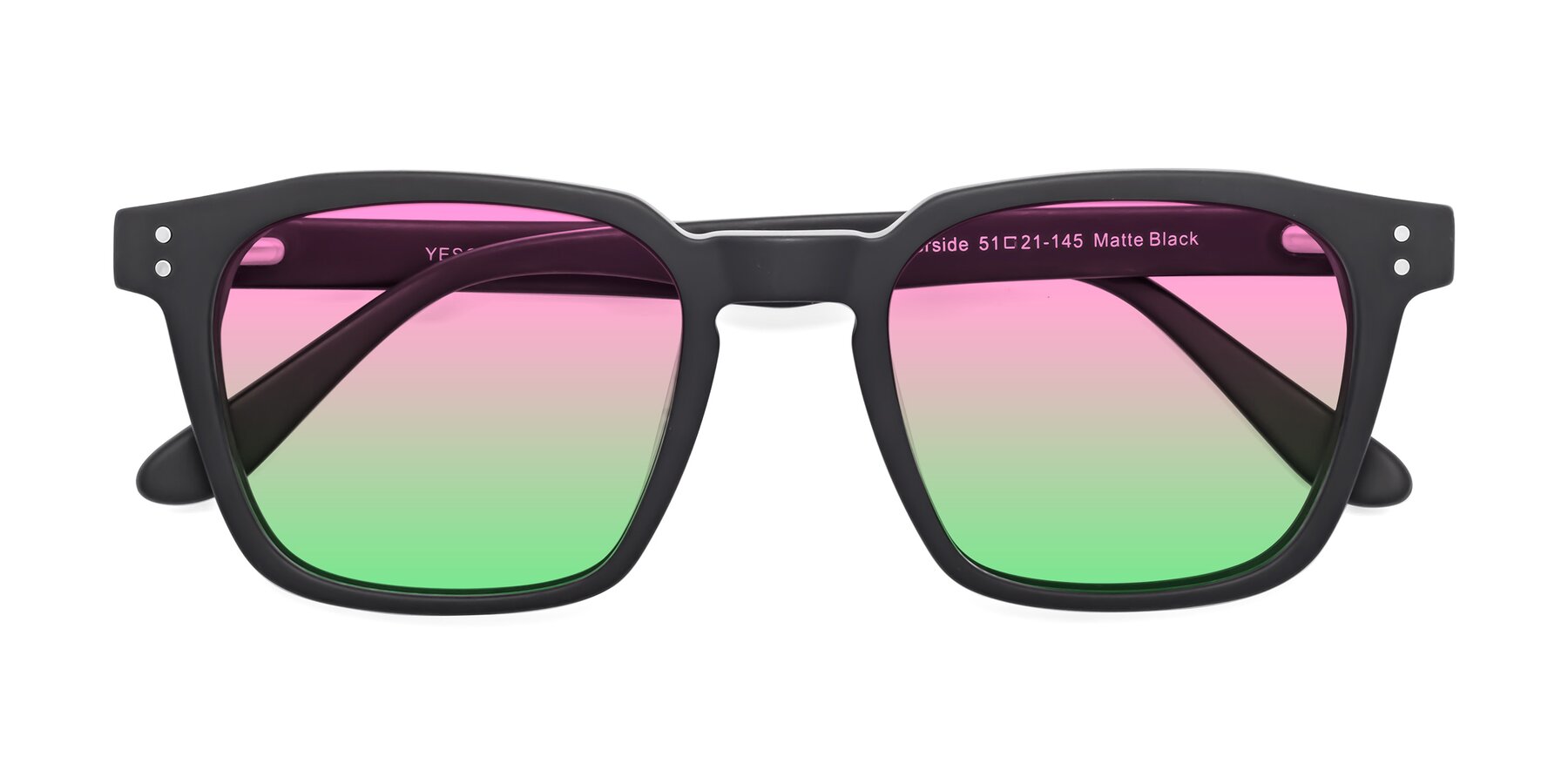Folded Front of Riverside in Matte Black with Pink / Green Gradient Lenses