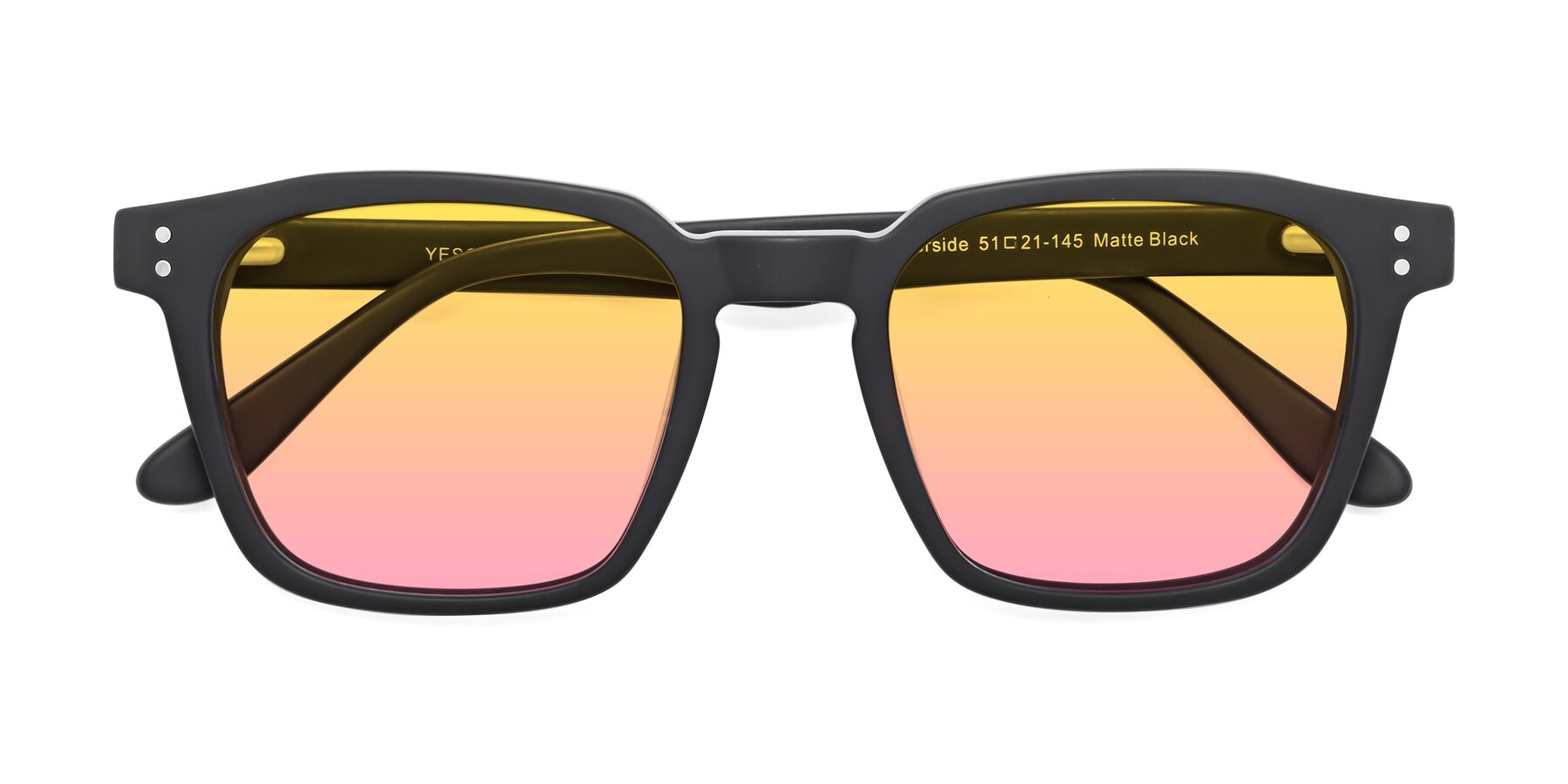 Folded Front of Riverside in Matte Black with Yellow / Pink Gradient Lenses
