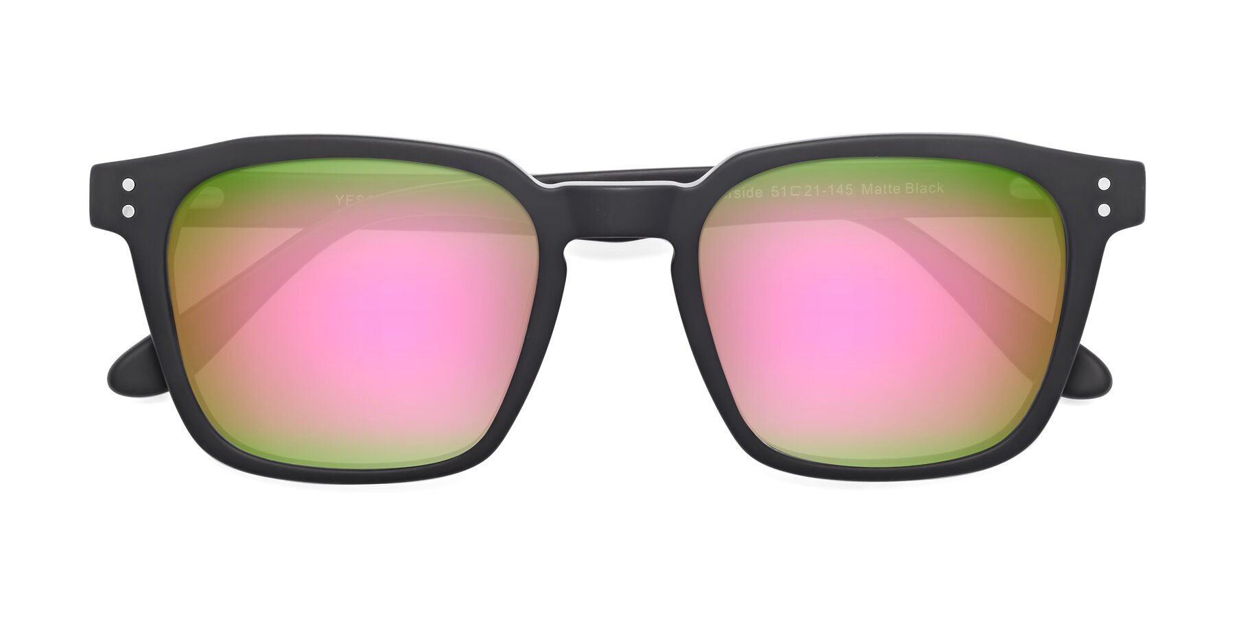 Folded Front of Riverside in Matte Black with Pink Mirrored Lenses