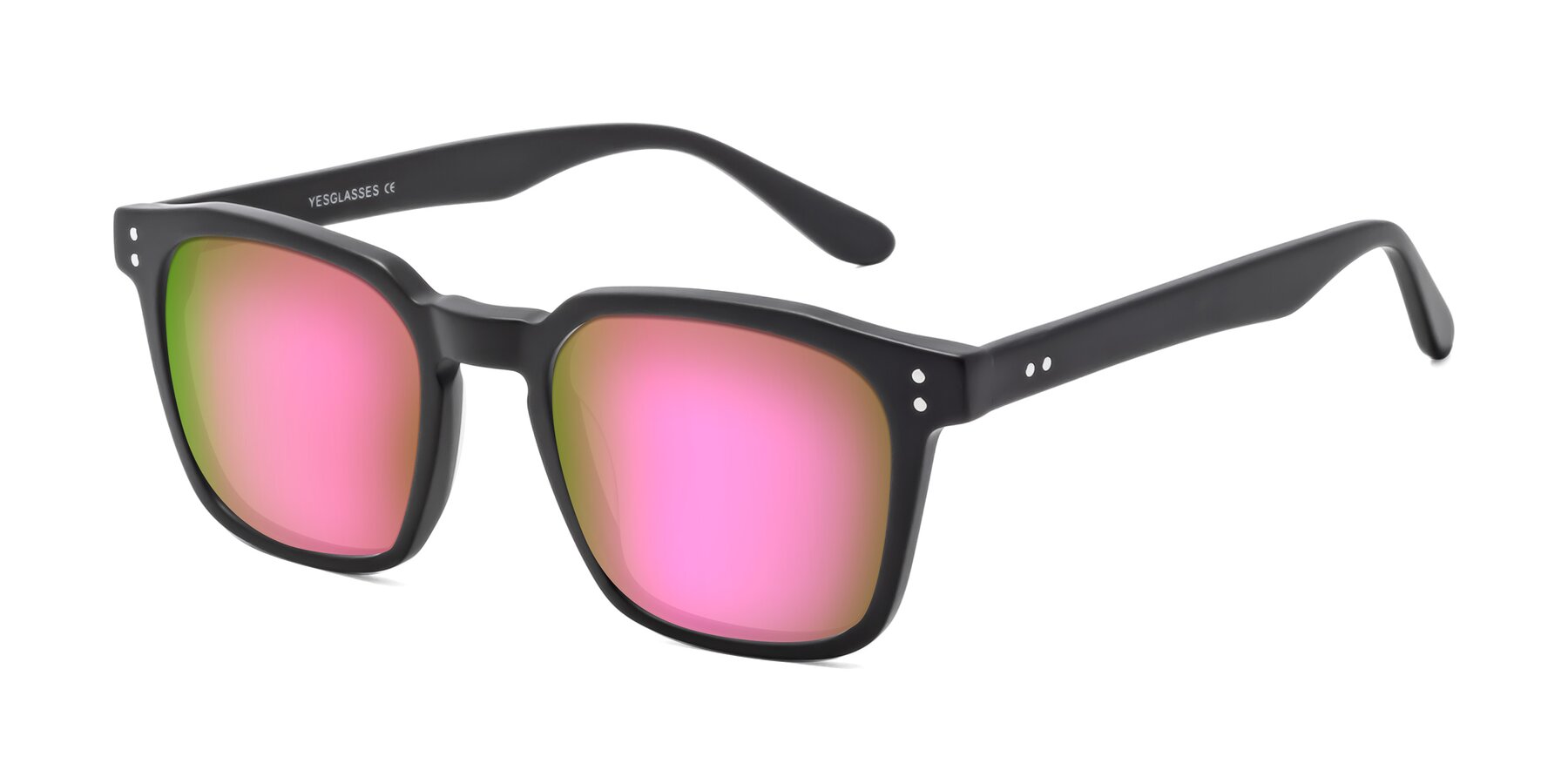 Angle of Riverside in Matte Black with Pink Mirrored Lenses