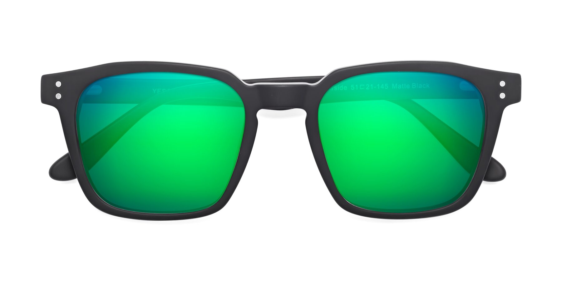 Folded Front of Riverside in Matte Black with Green Mirrored Lenses