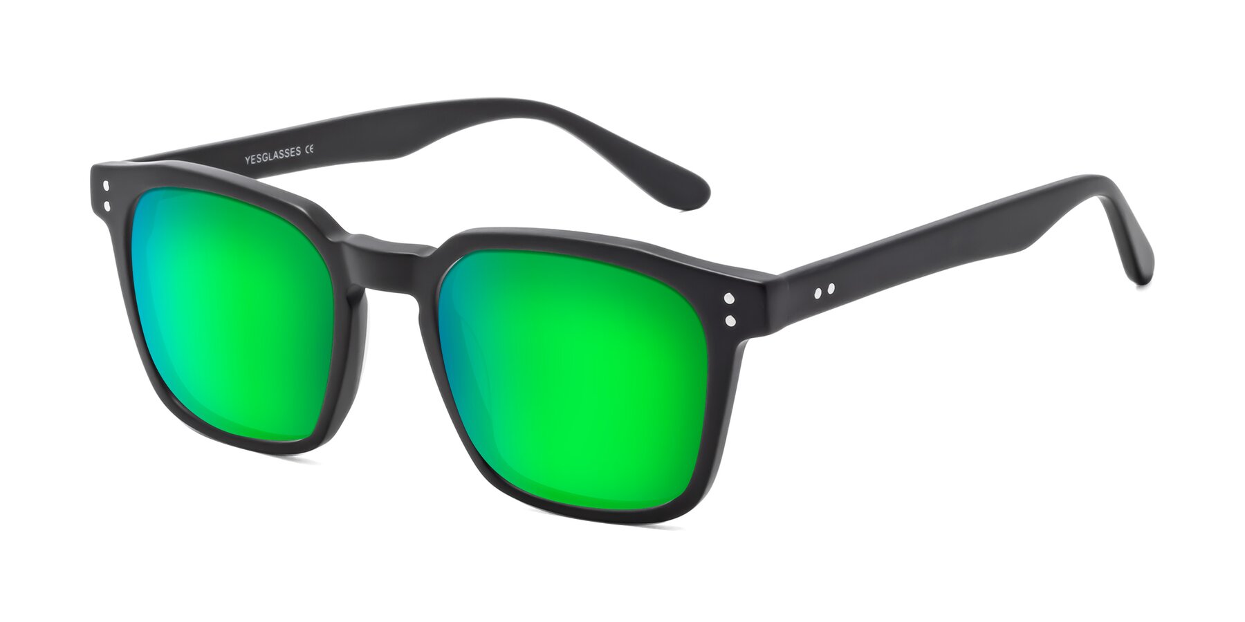 Angle of Riverside in Matte Black with Green Mirrored Lenses